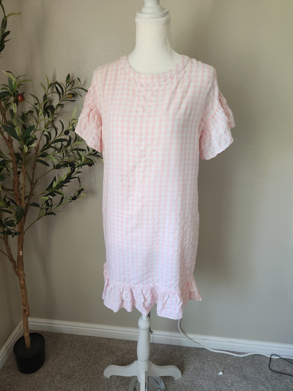Light Pink Gingham Ruffle-Hem Midi Dress